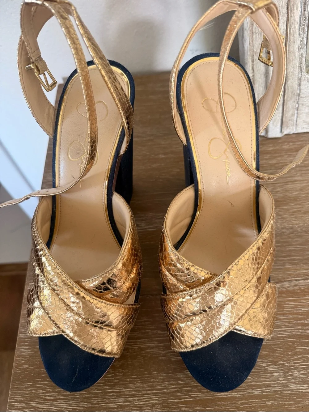 Jessica Simpson Gold Metallic Snake-Print Platform Sandals with Navy Block Heel
